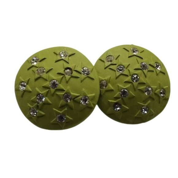 Green Star Button Earrings Rhinestones Pierced Posts Whimsy - Picture 6 of 9